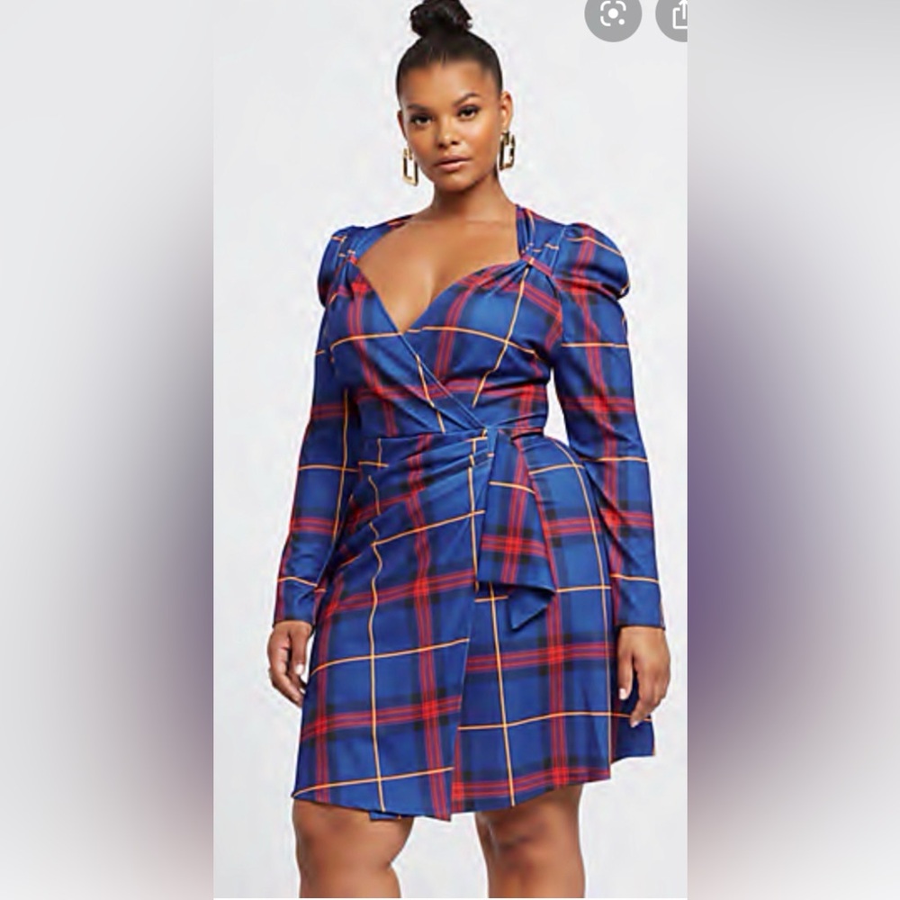Blue Plaid Wrap Dress with Tie Waist - Women